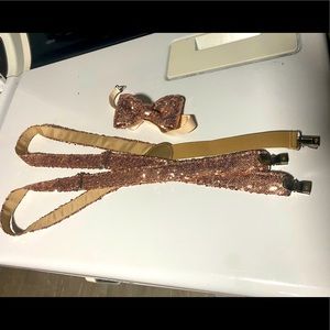 Rose gold suspenders and bow tie